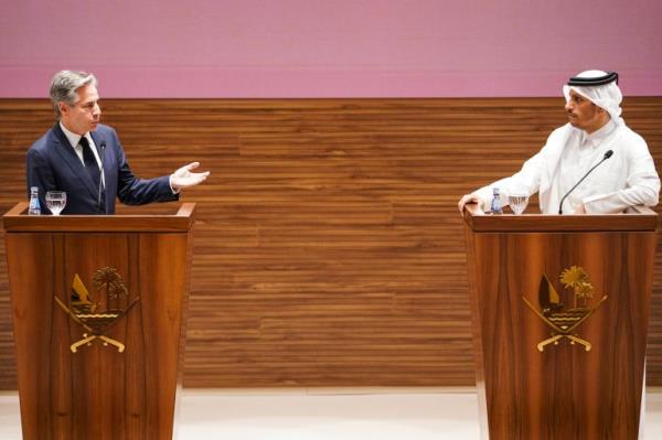 U.S. Secretary of State Antony Bl<em></em>inken, left, and Qatari Prime Minister and Foreign Minister Mohammed bin Abdulrahman Al Thani attend a press co<em></em>nference in Doha, Qatar, Thursday, Oct. 24, 2024. (Nathan Howard/Pool Photo via AP)