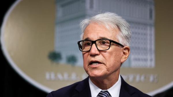 Los Angeles County District Attorney George Gascon speaks during a news co<em></em>nference to announce a decision in the case of brothers Erik and Lyle Menendez, who have spent 34 years in prison for the shotgun murder of their parents, at his office in Los Angeles, California, U.S., October 24, 2024. REUTERS/Mike Blake