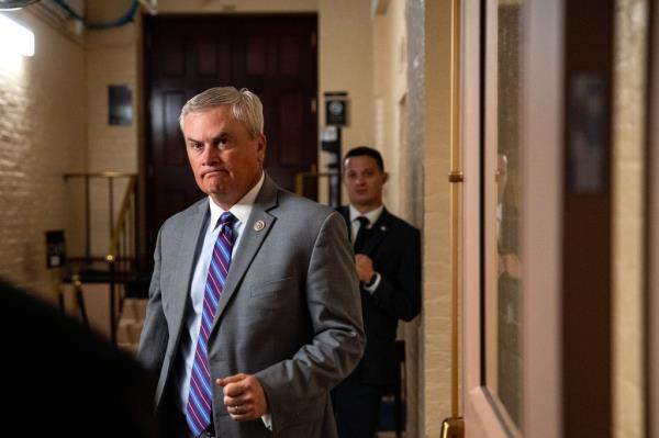 Rep. James Comer (R-KY) departs a House Republican Co<em></em>nference meeting at U.S. Capitol on September 24, 2024 in Washington, DC.