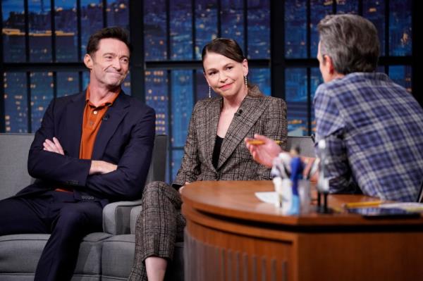 Hugh Jackman, Sutton Foster and Seth Meyers dished a<em></em>bout "The Music Man" in May 2022.