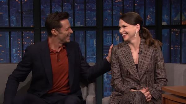 Hugh Jackman and Sutton Foster on "Late Night With Seth Meyers" in May 2022.