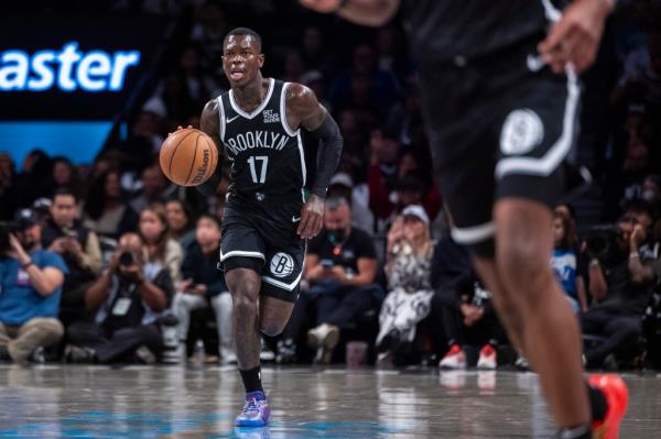 Dennis Schroder dribbles during the Nets' win over the Bucks on Oct. 27, 2024. 