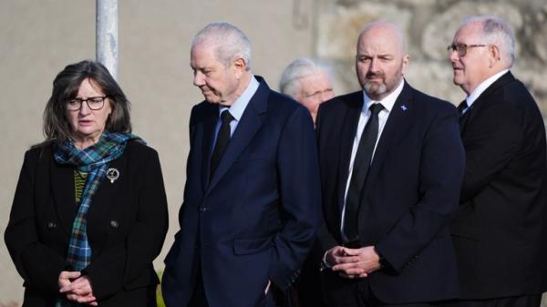 Jim Sillars (second left) arrives for the funeral service of former first minister of Scotland Alex Salmond, at Strichen Parish Church in Strichen, Fraserburgh. The former Alba Party and SNP leader died of a heart attack while attending a co<em></em>nference in North Macedo<em></em>nia earlier this month. Picture date: Tuesday October 29, 2024.