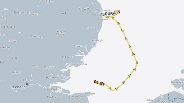screengrab of location of MV Ruby, docked in Great Yarmouth, but previously anchored off the coast of Kent