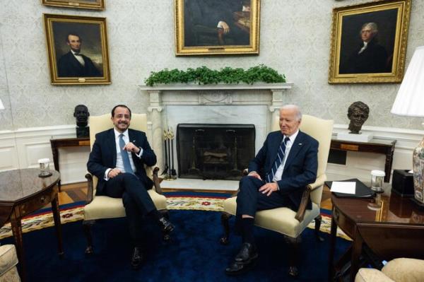 US President Joe Biden holds a bilateral meeting with Cypriot President Nikos Christodoulides in the Oval Office of the White House in Washington, DC, on October 30, 2024. (AFP)